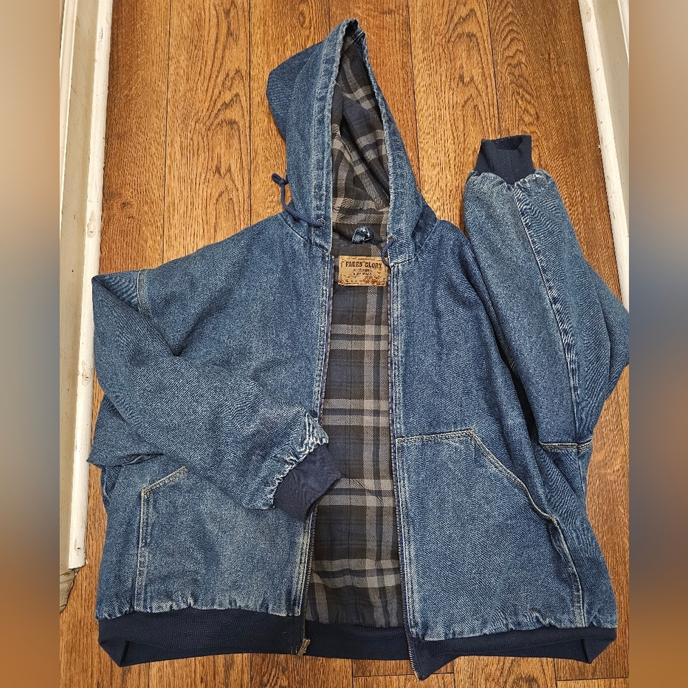 90s Denim Insulated Jean Mens Jacket Coat Faded Glory Work Lined Baggy Blue 3XL?
